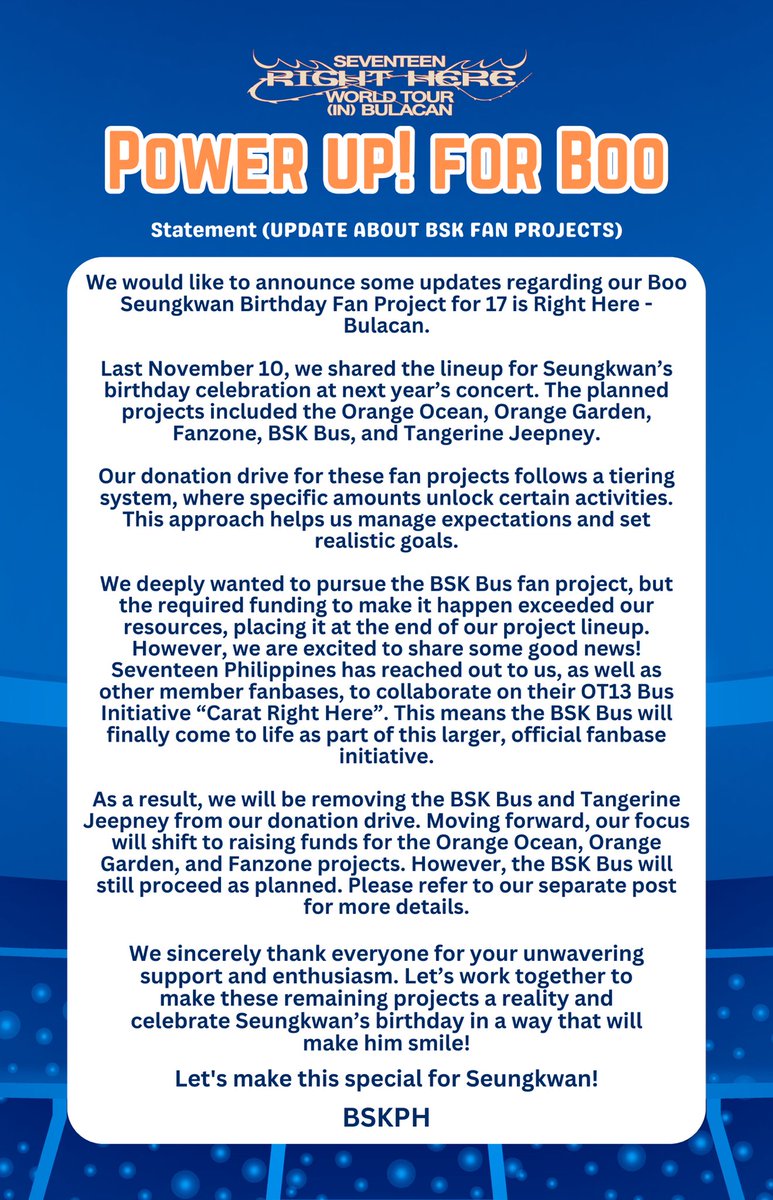 BooSeungkwanPH's tweet photo. [ADMIN NOTICE]

We are writing to update everyone about the status of our fan projects for the upcoming 17 Right Here in Bulacan.

We ask to kindly read the full statement below.

Thank you!

#PowerUpForBooPH
#SEVENTEENinBulacan 
#CARATRightHere https://t.co/s01fam5Afm