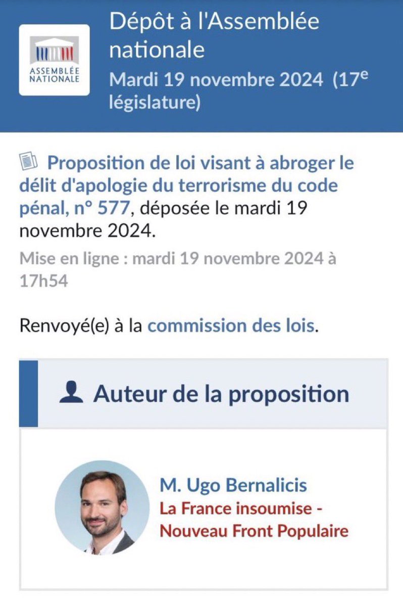 Comment ne pas être inquiet quand des députés de l’⁦<a href="/AssembleeNat/">Assemblée nationale</a>⁩,censés nous représenter, déposent une PPL pour abroger le délit d’apologie du terrorisme juste après l’anniversaire de l’attentat du 13 novembre. LFI cherche le désordre et le chaos !