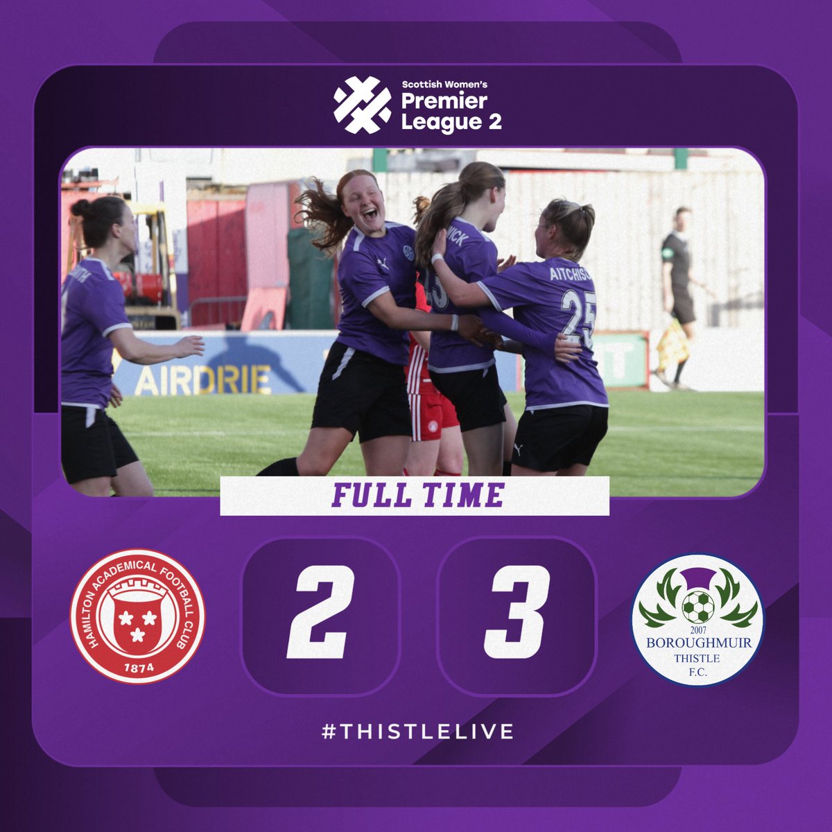 What a game! What a team! An absolutely incredible comeback from 2-0 down sees Boroughmuir take three 𝙝𝙪𝙜𝙚 points back to Edinburgh!!

Annnd breathe 😅

⚽⚽ Holly Aitchison (45+1' pen, 60')
⚽ Cara Borthwick (56')

🔴 2-3 🟣 | #ThistleLive
