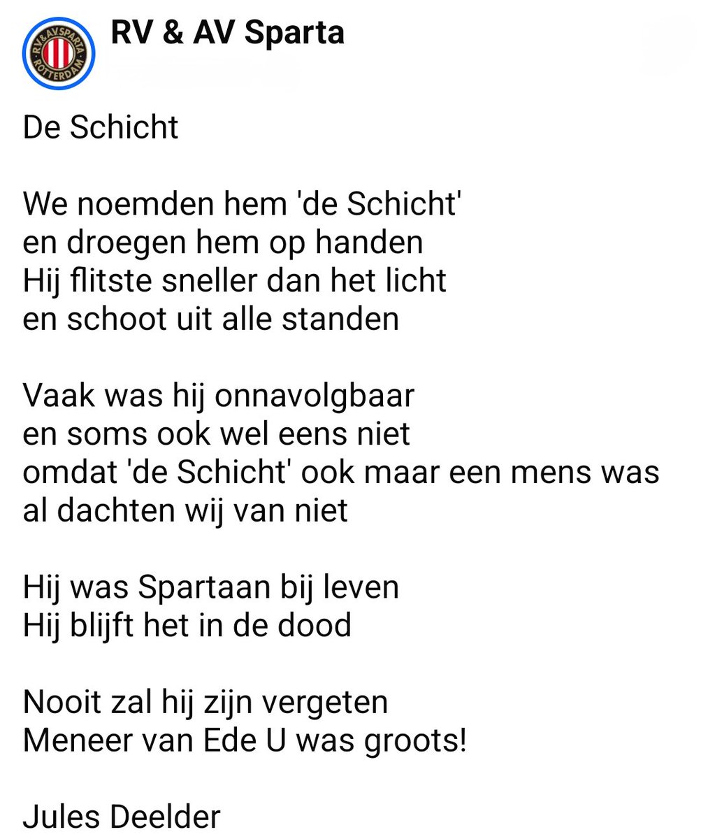 PBLesPaysBas's tweet photo. Ik ben geen echte Spartaan maar als Rotterdammer deel ik graag dit prachtige gedicht ter ere van de geboortedag van Jules Deelder.
Jules declameerde het ooit voor mij alleen, op de stoep van Cafe Ari, toen hij net terug kwam van de crematie. Prachtig.
#deelder #sparta https://t.co/Bbgl3pTaI4
