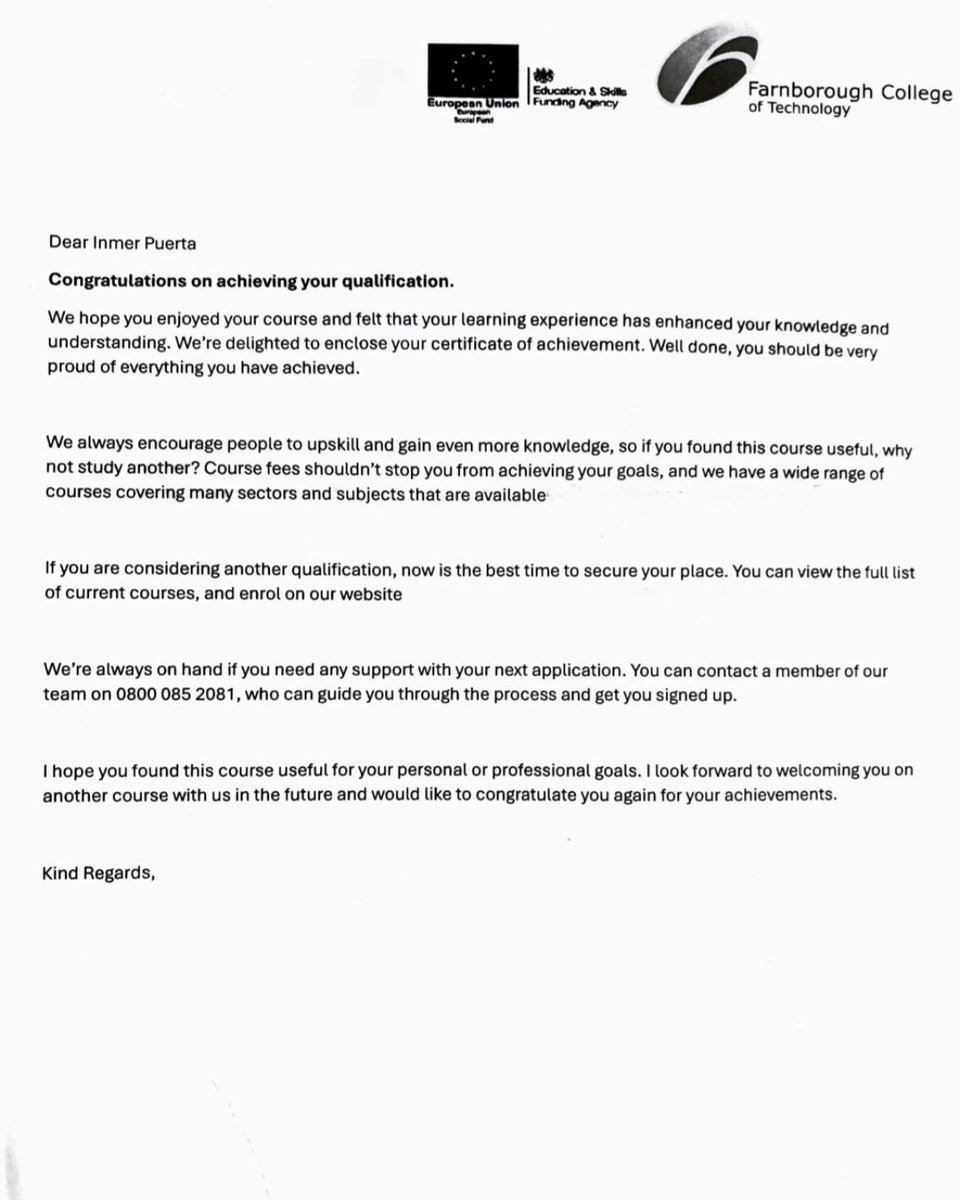 inmerpuerta's tweet photo. Quiero expresar mi agradecimiento al Farnborough College of Technology en Inglaterra, Reino Unido, por otorgarme este reconocimiento. Más allá de ser un simple papel con una felicitación, representa la lucha y el esfuerzo que hay detrás de un estudiante venezolano. https://t.co/nl35Bz7n1n