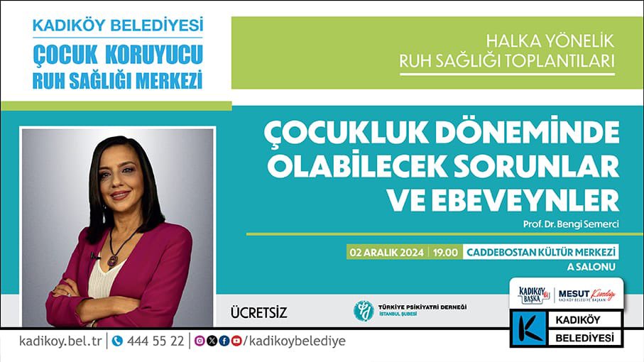 Caddebostan Kültür Merkezi'nde toplantılarımıza devam ediyoruz! 2 Aralık günü 19.00'da "Çocukluk Döneminde Olabilecek Sorunlar ve Ebeveynler" başlığını Prof. Dr. Bengi Semerci ile konuşacağız. Herkesi beraber tartışmaya bekliyoruz.