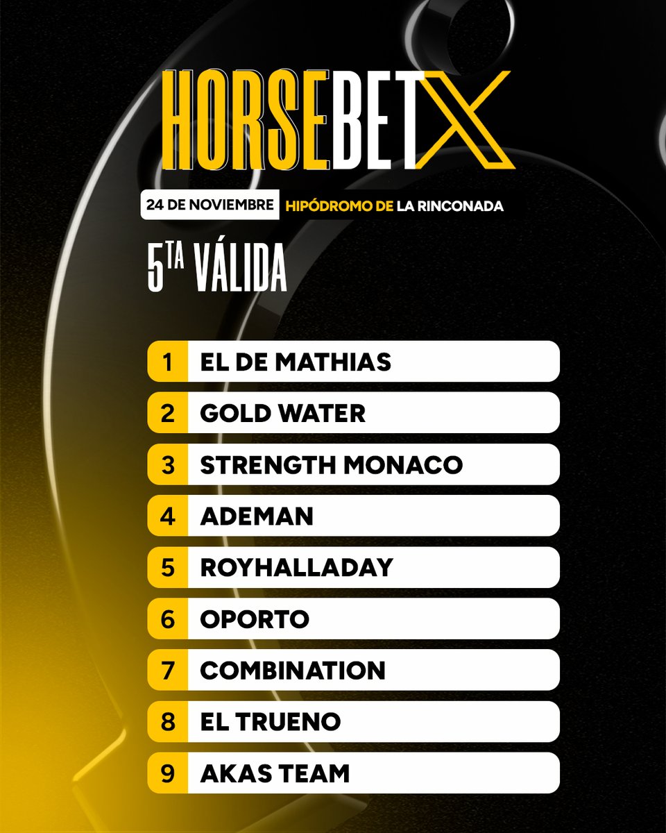 Triunfobet1's tweet photo. Podrás acertar la Trifecta (Primer, segundo y tercer lugar en el orden correcto) de este domingo en el Hipódromo de La Rinconada 🐴🐴🐴

Condiciones: 

1- Darle Like y compartir a esta publicación 

2- Tener tu perfil verificado en la plataforma, con foto tipo selfie y foto de la cédula

3- Haber recargado un mínimo de 3$ o al cambio en tu moneda local entre los días lunes 18/11 hasta el momento de la carrera

4- Comentar tu trifecta + tu nombre de usuario de TB

De haber varios ganadores el premio será repartido entre los que hayan acertado y cumplan con las condiciones

De o haber ganador el premio quedará acumulado para el próximo HORSEBET en X

¡SUERTE A TODOS Y A LIGAR CON https://t.co/GuUT3xPtd3! 🔥
