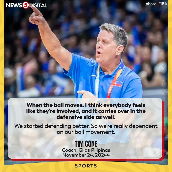 News5PH's tweet photo. PASS IT ON

Pinuri ni coach #TimCone ang ball movement ng #GilasPilipinas kontra Hong Kong sa kanilang paghaharap sa Window 2 ng 2025 #FIBA #AsiaCup Qualifiers sa SM Mall of Asia Arena ngayong Linggo, November 24. #News5 https://t.co/j11R8BvwOI