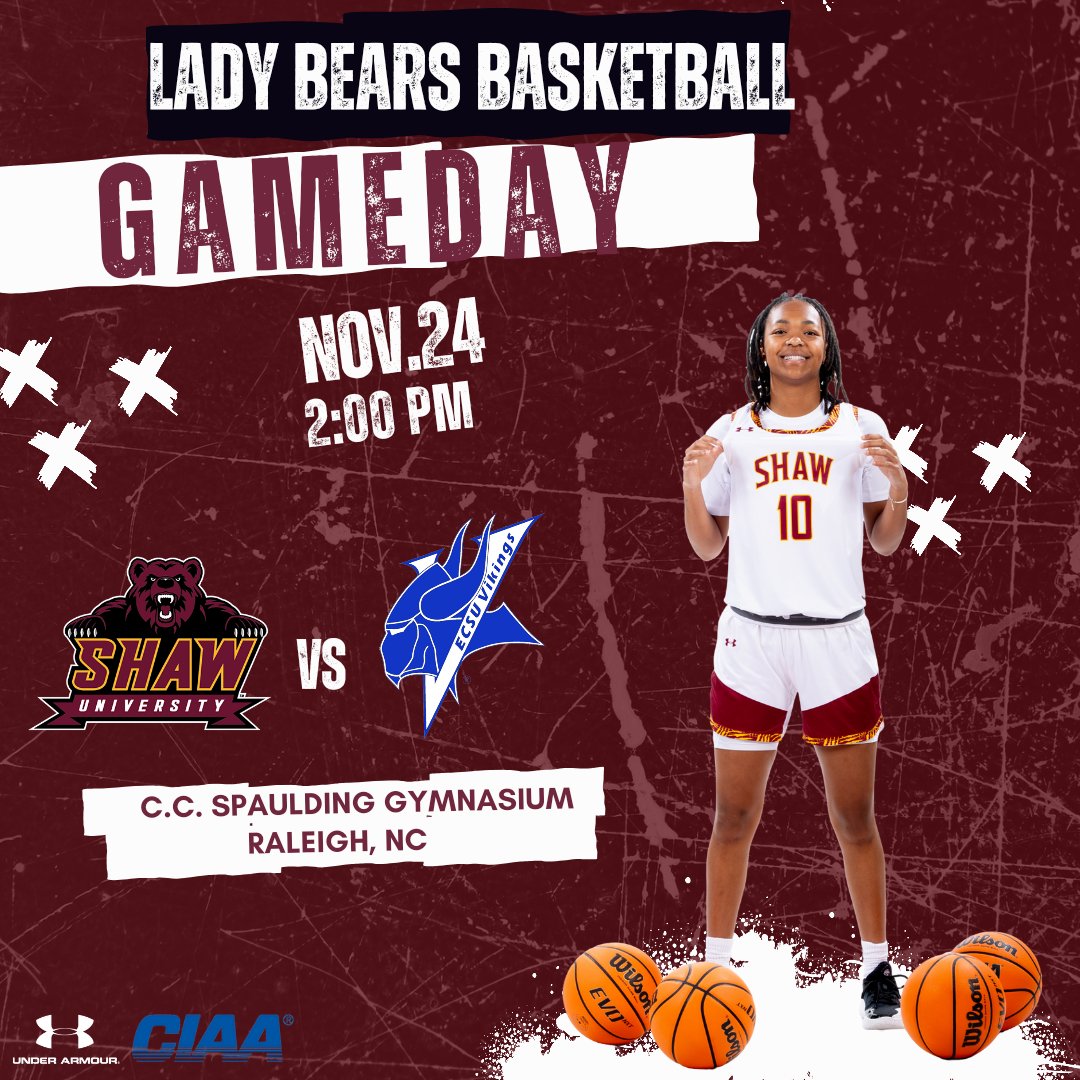The Lady Bears return to Spaulding for a Sunday afternoon clash.

🐻🏀 🆚 ECSU 
⌚ 2 PM
🏟️ Spaulding Gymnasium 
📺 theciaasn.com/shaw (modified broadcast)

#ShawU | #BearWithUs
