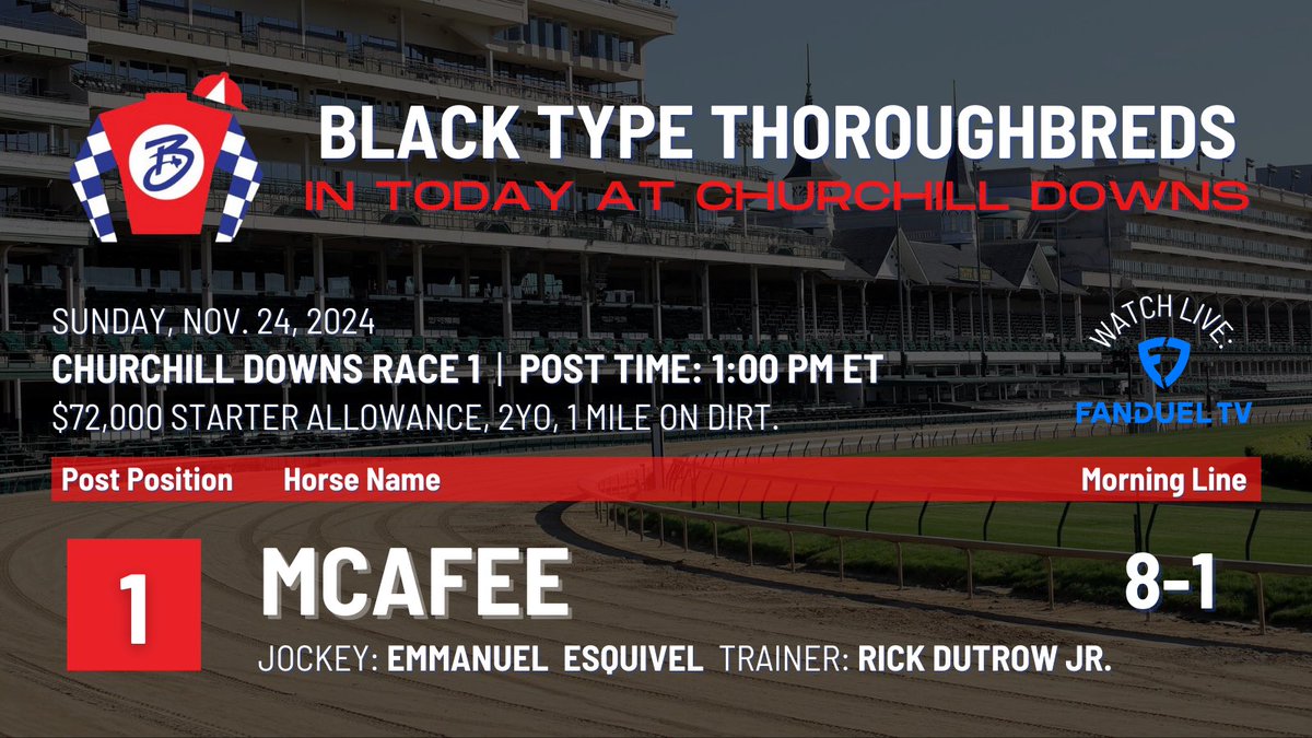 blacktypetb's tweet image. In today at #ChurchillDowns: McAfee returns for trainer @RickDutrow59 with Emmanuel Esquivel up! Race 1 at 1pm ET. Watch live on @FanDuel TV! LFG!! #BlackType #McAfee