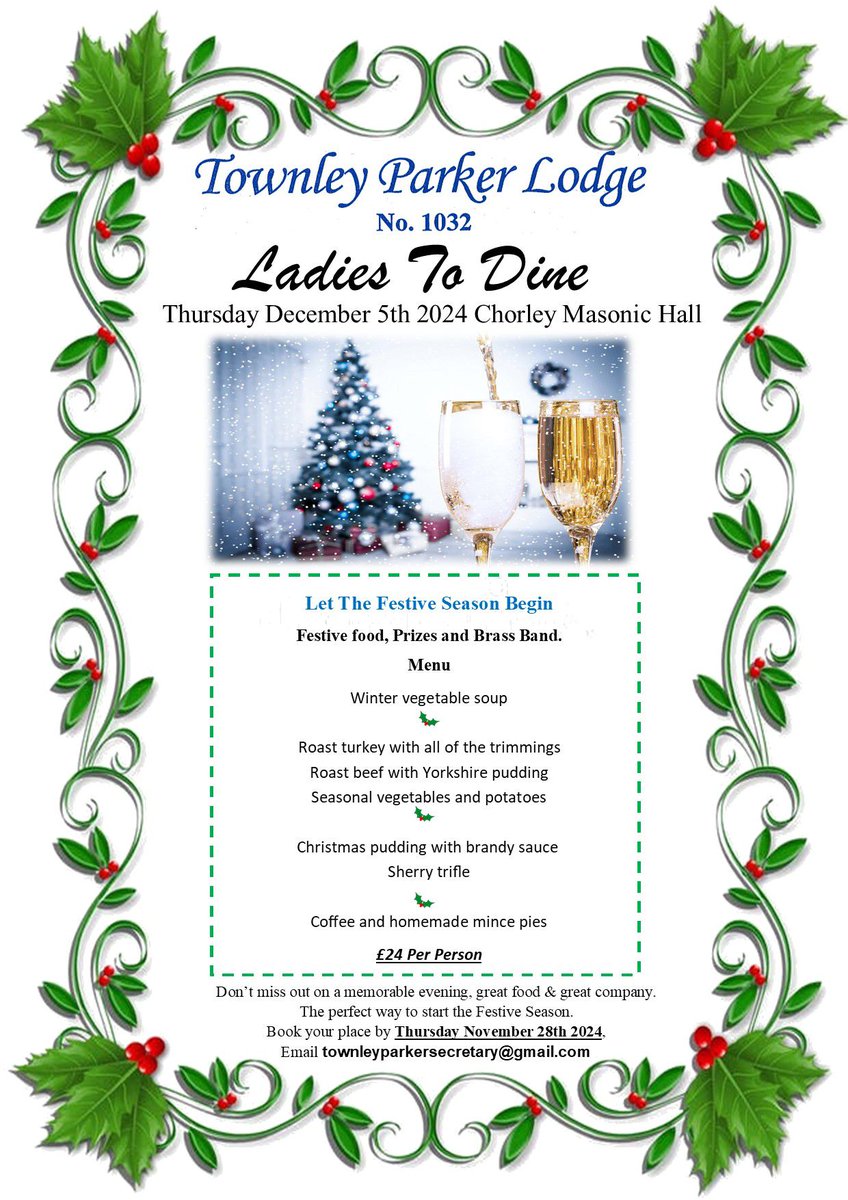 1032TP's tweet photo. 🎄 Brethren &amp; Friends of Townley Parker Lodge. 
The festive season is nigh! 🎅🏻 
Come and join us for what will be a fantastic evening at our Ladies to Dine evening on Thursday December 5th. 
Fine Festive Food with a brass band and prizes to be won at our raffle. 
🔔 But hurry! .. https://t.co/s95qXSZC0n