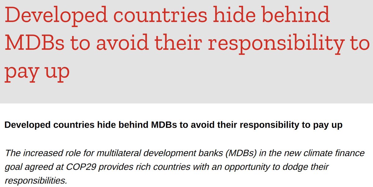 The #COP29 outcome allows rich countries to hide behind #MDBs instead of paying up the climate finance they owe.  

Reaction from civil society working on MDBs here:  bigshiftglobal.org/COP29-devd-cou…