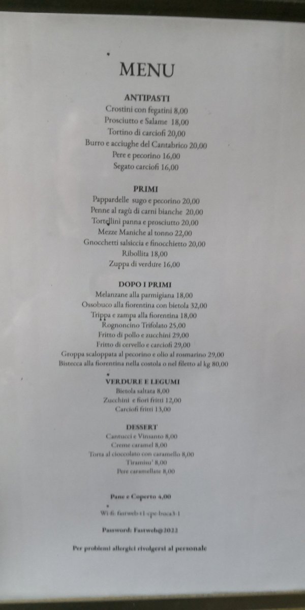 Menù tratta da un noto ristorante fiorentino a 2 passi da Ponte vecchio. Come siamo arrivati ad antipasti 16€,primi semplici 20€,secondi non troppo elaborati a 30€?
Non tiriamo in ballo l '#inflazione.
Poi risparmiano sul costo del #lavoro. 🤔