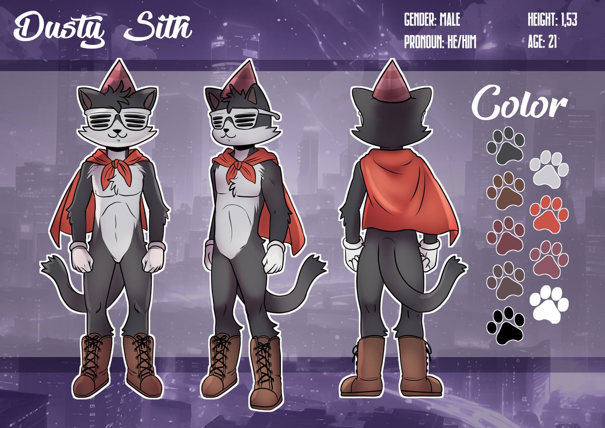 Artsbysarah1's tweet photo. "Just finished this reference sheet for my client! Meet Dusty Sith, a stylish feline with a bold city vibe. 🐾✨

#CharacterDesign #FurryArt #CommissionWork #furryartist https://t.co/XEOY0uLMog