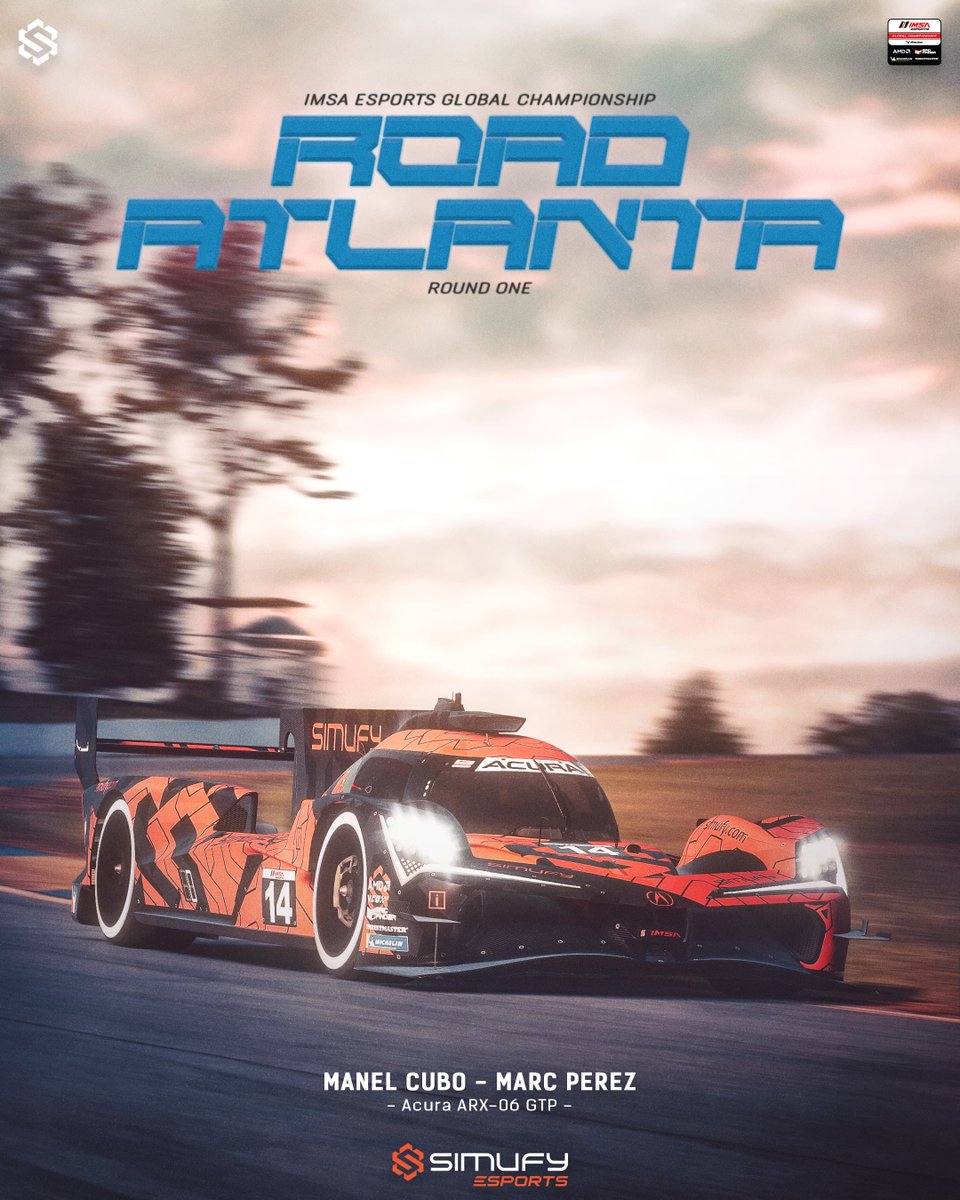 Simufy Esports (@simufyesports) on Twitter photo 🏁 RACE DAY!
The <a href="/IMSA/">IMSA</a> Esports Global Championship is kicking off again at Road Atlanta in <a href="/iRacing/">iRacing</a>!
We're back with great enthusiasm and excitement, this time competing in GTP.
👬Drivers: <a href="/mrk146/">Marc Pérez</a> & <a href="/ManelCubo/">Manel Cubo Torres</a>
🏎️Car: Acura ARX-06 GTP
📺Follow us Live at 20:00h: 🏁 RACE DAY!
The <a href="/IMSA/">IMSA</a> Esports Global Championship is kicking off again at Road Atlanta in <a href="/iRacing/">iRacing</a>!
We're back with great enthusiasm and excitement, this time competing in GTP.
👬Drivers: <a href="/mrk146/">Marc Pérez</a> & <a href="/ManelCubo/">Manel Cubo Torres</a>
🏎️Car: Acura ARX-06 GTP
📺Follow us Live at 20:00h: