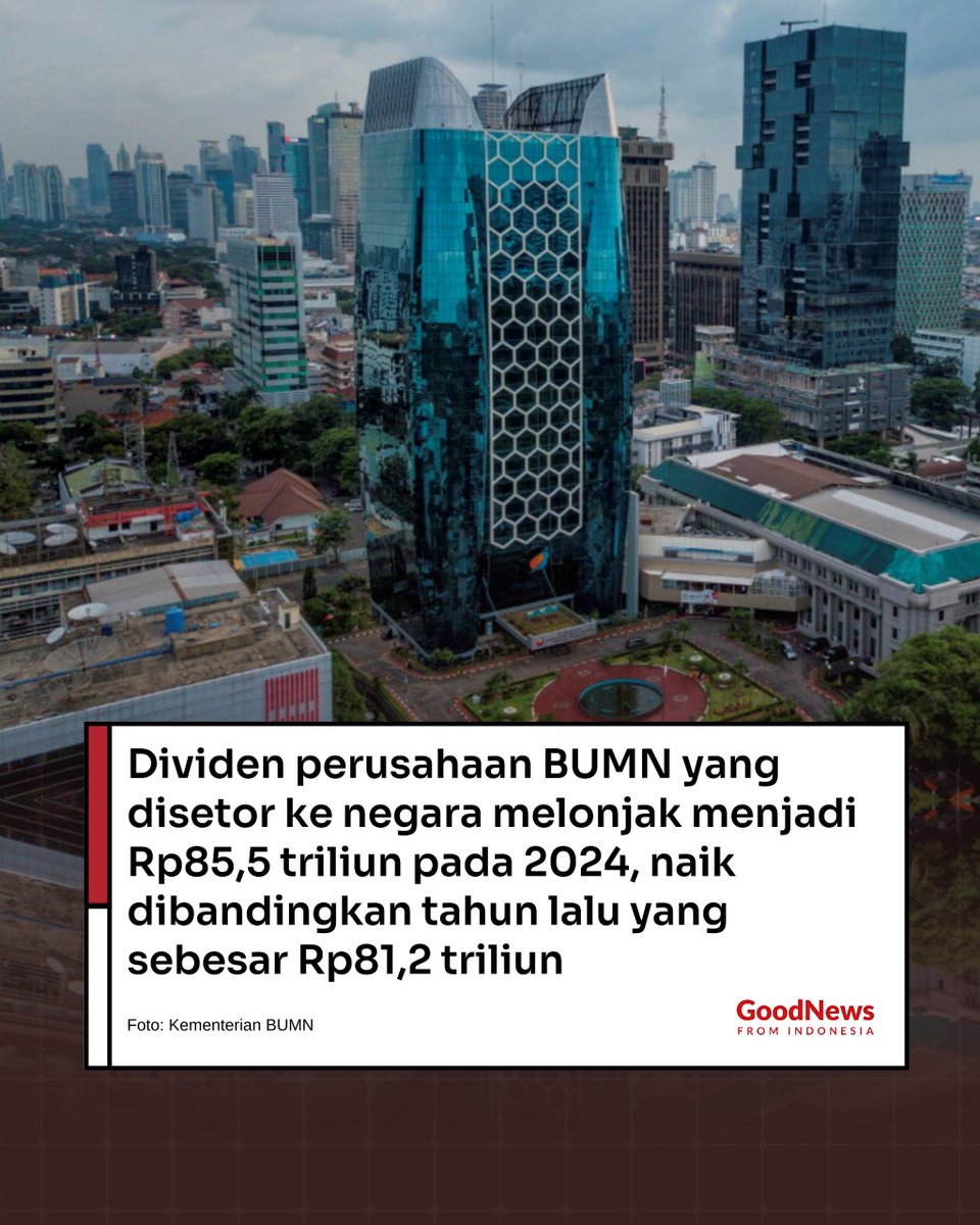 Kementerian BUMN mencatat rekor baru dengan total dividen perusahaan pelat merah mencapai Rp85,5 triliun pada 2024, naik dari Rp81,2 triliun pada tahun sebelumnya. Kontribusi terbesar berasal dari PT Bank Rakyat Indonesia (BRI) dengan setoran Rp25,7 triliun, diikuti oleh Bank