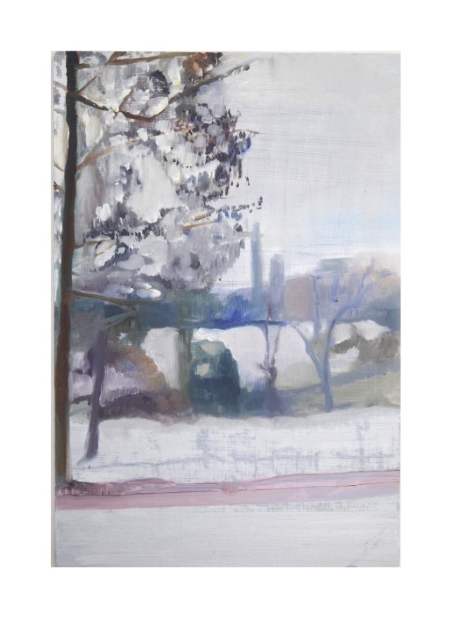 KateMcAllan's tweet photo. A winter painting. The title is taken from a line in a Frank O’Hara poem, a poet I read a lot of in 2024. 
‘New York 3 o’clock light’ 
Oil on panel 
2024 https://t.co/gNIaEyj7EL