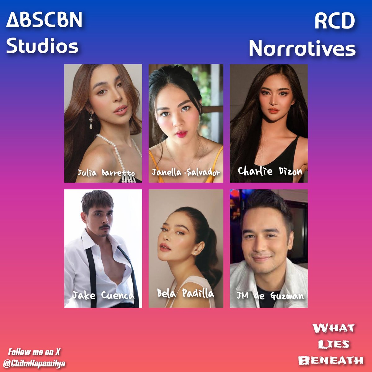 ChikaKapamilya's tweet photo. #NewTeleseryeAlert

Starring Julia Baretto, Janella Salvador, Charlie Dizon, Jake Cuenca, Bela Padilla and JM de Guzman.

Produced by ABSCBN Studios and ang nagbabalik sa paggawa ng full-length teleserye, RCD Narratives.

#WhatLiesBeneath, coming soon! https://t.co/UXOx3vbv55