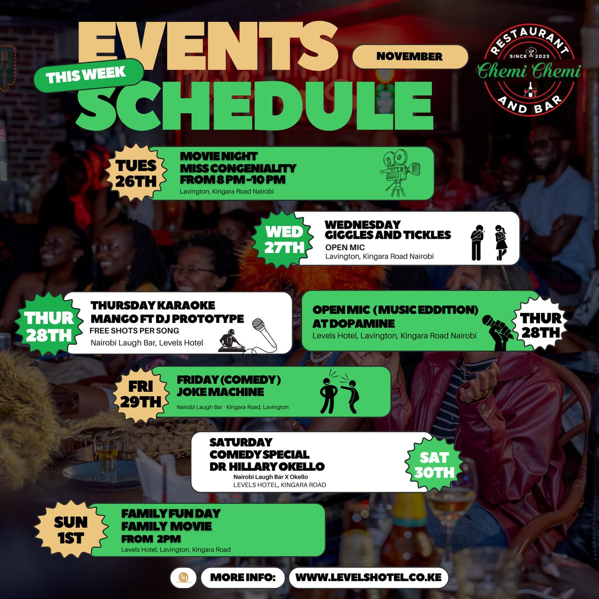 levelshotel's tweet image. 🎉 This week at Levels Hotel Lavington:
🎥 Miss Congeniality Movie Night - Tues
🎤 Open Mic &amp;amp; Giggles - Wed
🎶 Karaoke &amp;amp; Music Open Mic - Thurs
😂 Comedy Night &amp;amp; Special - Fri/Sat
👨‍👩‍👧‍👦 Family Funday - Sun
📍 Kingara Rd.
#LevelsHotel #nairobilaughbar  #NairobiEvents #LavingtonVibes