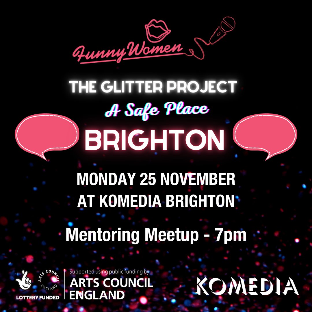 funnywomen's tweet photo. Brighton, Hove, Kemp Town &amp; everywhere around, The Glitter Project is hosting an exclusive Q&amp;A with @angelabarnes followed by an #openmic at @KomediaBrighton tomorrow starting at 7pm. Best of all, it's FREE! 🎊 Book your tickets now https://t.co/3eY109HiiV https://t.co/LRvXI8K2sK