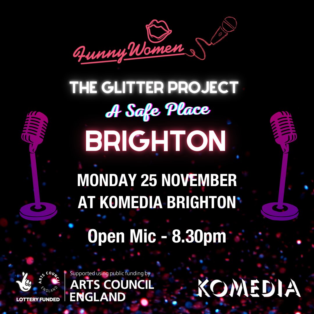 funnywomen's tweet photo. Brighton, Hove, Kemp Town &amp; everywhere around, The Glitter Project is hosting an exclusive Q&amp;A with @angelabarnes followed by an #openmic at @KomediaBrighton tomorrow starting at 7pm. Best of all, it's FREE! 🎊 Book your tickets now https://t.co/3eY109HiiV https://t.co/LRvXI8K2sK