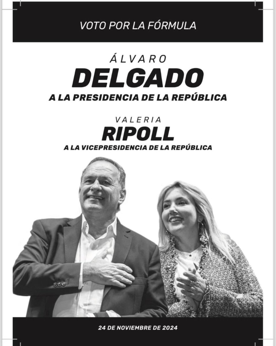 PartidoColorado's tweet photo. HOY VOTAMOS CON LA HOJA DE LA COALICIÓN REPUBLICANA EN CADA RINCÓN DEL PAÍS

A tener en cuenta que:

🔴Diga: “VOTO POR LA FÓRMULA ÁLVARO DELGADO A LA PRESIDENCIA DE LA REPÚBLICA - VALERIA RIPOLL A LA VICEPRESIDENCIA DE LA REPÚBLICA”
🔴Fecha de la elección : 24 DE NOVIEMBRE DE 2024

‼️Observar que esté en buen estado, que no está rayada y al colocarla en el sobre, éste no presente objetos extraños que invaliden el voto.