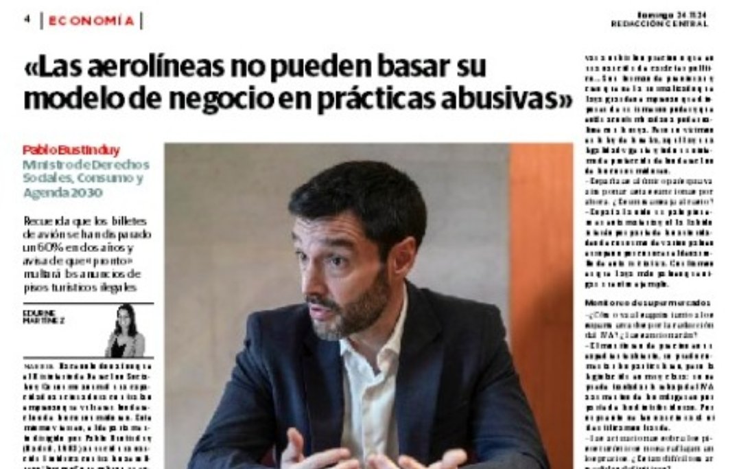 Edurne_MM's tweet photo. El ministro de Consumo, @pbustinduy, analiza en los periódicos de @Vocento la multa a las 'low cost', pero también pisos turísticos, la rebaja del IVA en los supermercados... y más! https://t.co/eCdOnB70nW @elcorreo_com https://t.co/a9bQSniaN4