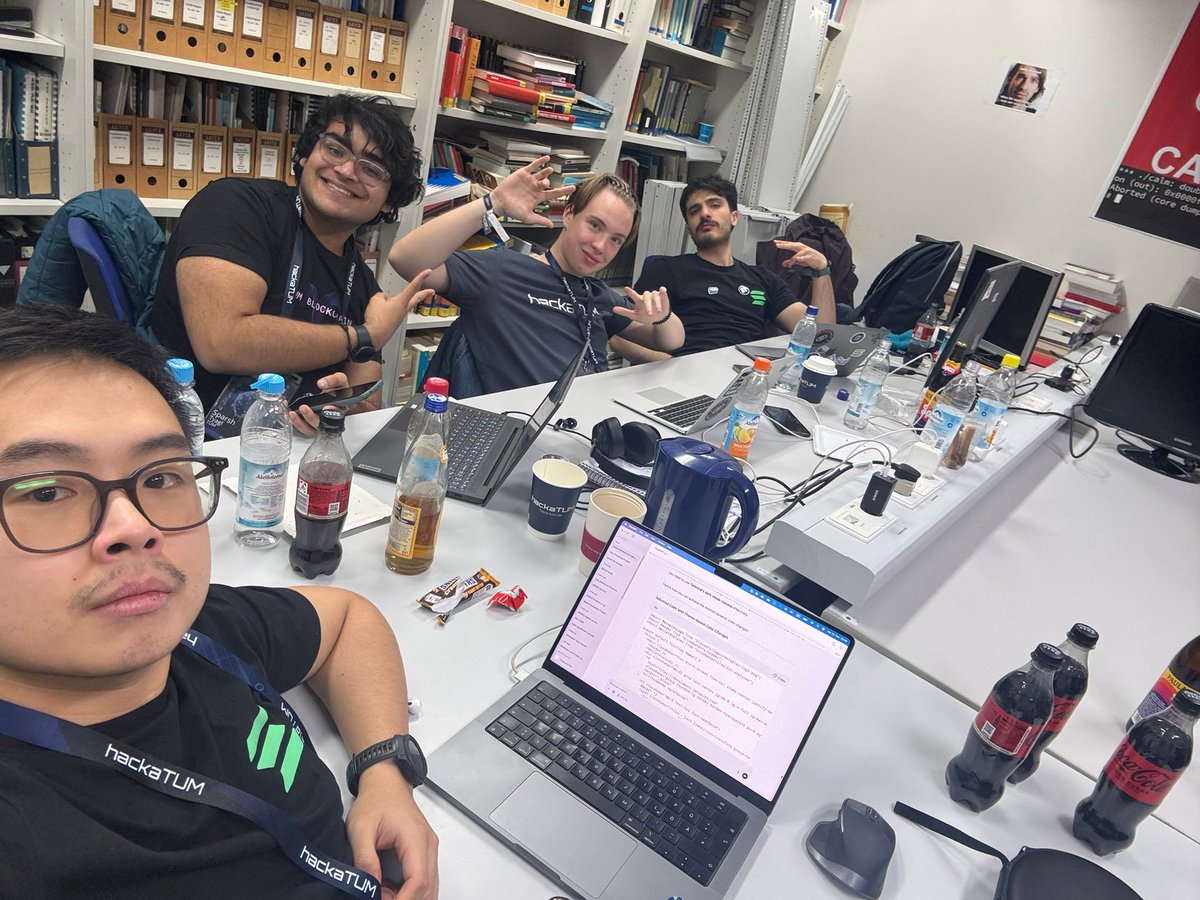 _theSTlife's tweet photo. Having a great time at HackatTUM with my teammates @peanut0x @_tommy_eth_ @NickNutDotSol 

We just finished our presentation for the @solana track,  so wish us luck! In commemoration, behold 4 coders that haven't slept in 3 days. https://t.co/CatS3GtCCd