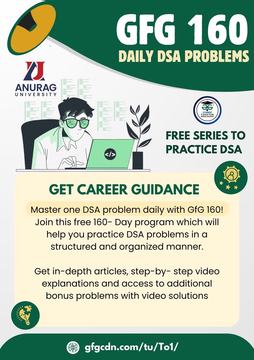 Gfg_ausc's tweet photo. Master DSA with GfG 160!
🔑 **Learn 1 problem/day for 160 days!**  
✔️ Daily curated problems  
✔️ Step-by-step videos &amp; articles  
✔️ Bonus problems with solutions  
✔️ Systematic, career-focused learning  
🎯 Perfect for beginners &amp; upskillers!  
👉 🔗https://t.co/uu0qLXVgoT https://t.co/k1uc5OFsBv