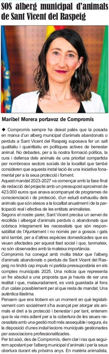 compromis_stvic's tweet photo. 🤍💚 10 PRIORITATS PER A SANT VICENT❗

🏢Sant Vicent ha de liderar polítiques actives de Benestar Animal

🤝 Des de @compromis, impulsarem l'obertura de l'alberg municipal d'animals perduts o abandonats

➡ @maribelmorera, portaveu de Compromís, en el diari Somos Raspeig 

👇👇 https://t.co/sPrKVGjW0a