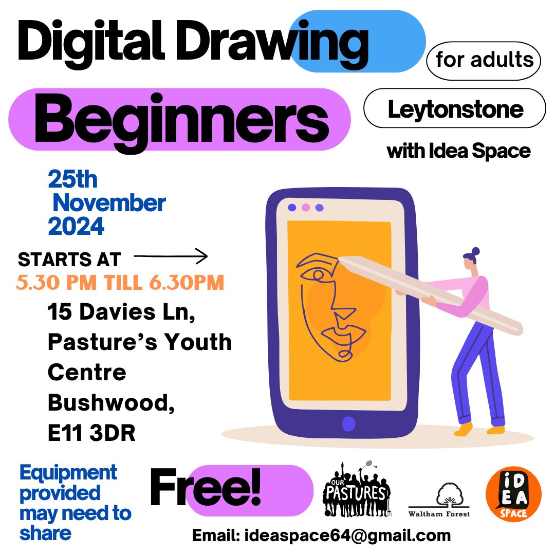 Join us tomorrow for a FREE digital drawing workshop for adults🖌️Learn new skills, meet new people, enjoy free tea &amp; cake. 5.30-6.30pm Share this with a friend!
5.30-6.30 
Our pastures, Monday Social, Patures Centre Davies Lane 15 Davies Ln, Bushwood, London E11 3DR
<a href="/wfcouncil/">Waltham Forest Council</a>