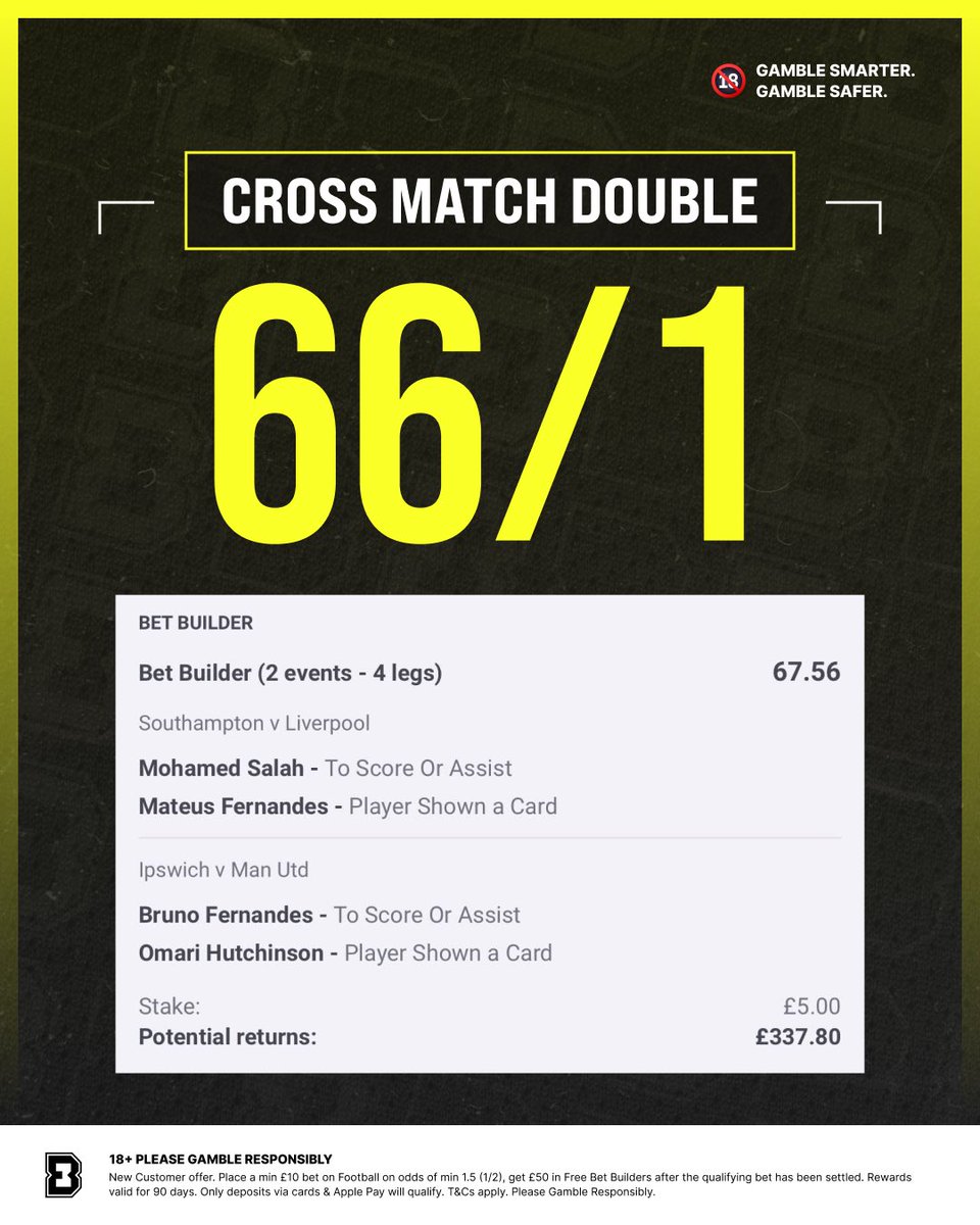 🛠️ 66/1 CROSS-MATCH BET BUILDER!

📌 Load it: bit.ly/24-11-BB

Having a bit of fun with this one. All 4 selections covered by Super Sub.

Not got a Paddy Power account?

👉 Join to get access to Super Sub and claim £50 in Free Bets: bit.ly/G50-BB-PP

18+, Ts&amp;Cs