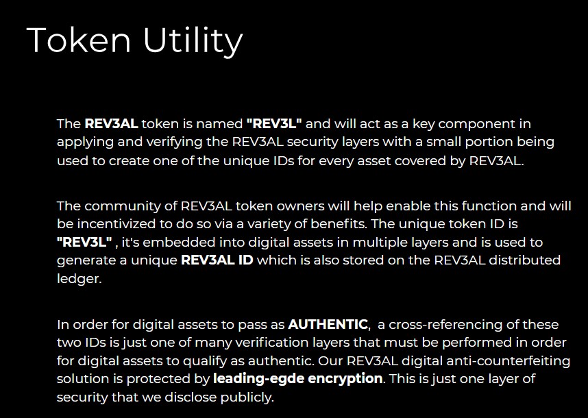 bigchase_001's tweet image. TOKEN UTILITY

Most project creates a token without any solid utility behind it, but @Rev3alTech token is packed with utility because it helps fuels #REV3AL ecosystem.

1⃣ The $REV3L token will act as the token to be used for applying and verifying the REV3AL security layer.