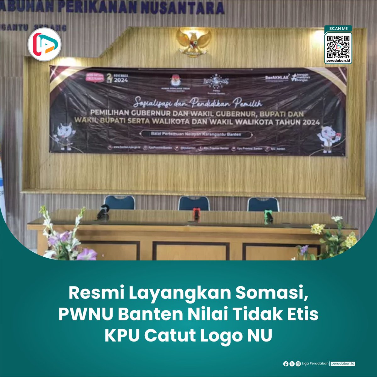 Somasi tersebut berawal dari pencatutan logo resmi PWNU Banten dalam kegiatan KPU Provinsi Banten terkait Sosialisasi dan Pendidikan Pemilih, Pemilihan Gubernur dan Wakil Gubernur, Bupati dan Wakil Bupati, serta Walikota dan Wakil Walikota Tahun 2024.
peradaban.id/resmi-layangka…