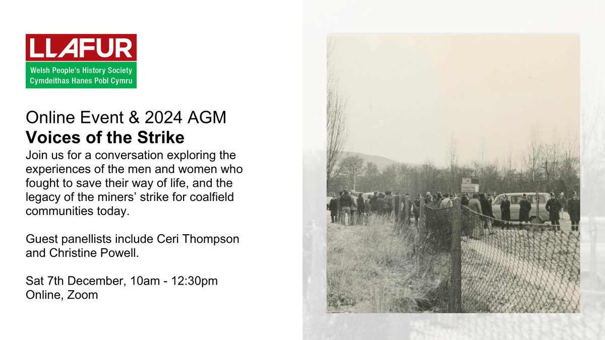 🔔Don’t miss out on our next online event and 2024 AGM: Voices of the Strike!

🗓️Sat 7th December
🕣10am-12.30pm

🎟️Register for free: tickettailor.com/events/llafurw…