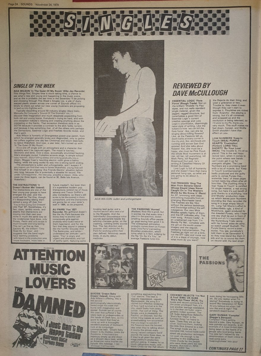 Singles reviewed by Dave McCullough in Sounds 24th, November 1979 including  The Distractions and Suicide's 'Dream Baby Dream'.
<a href="/DistractionsMcr/">The Distractions</a>