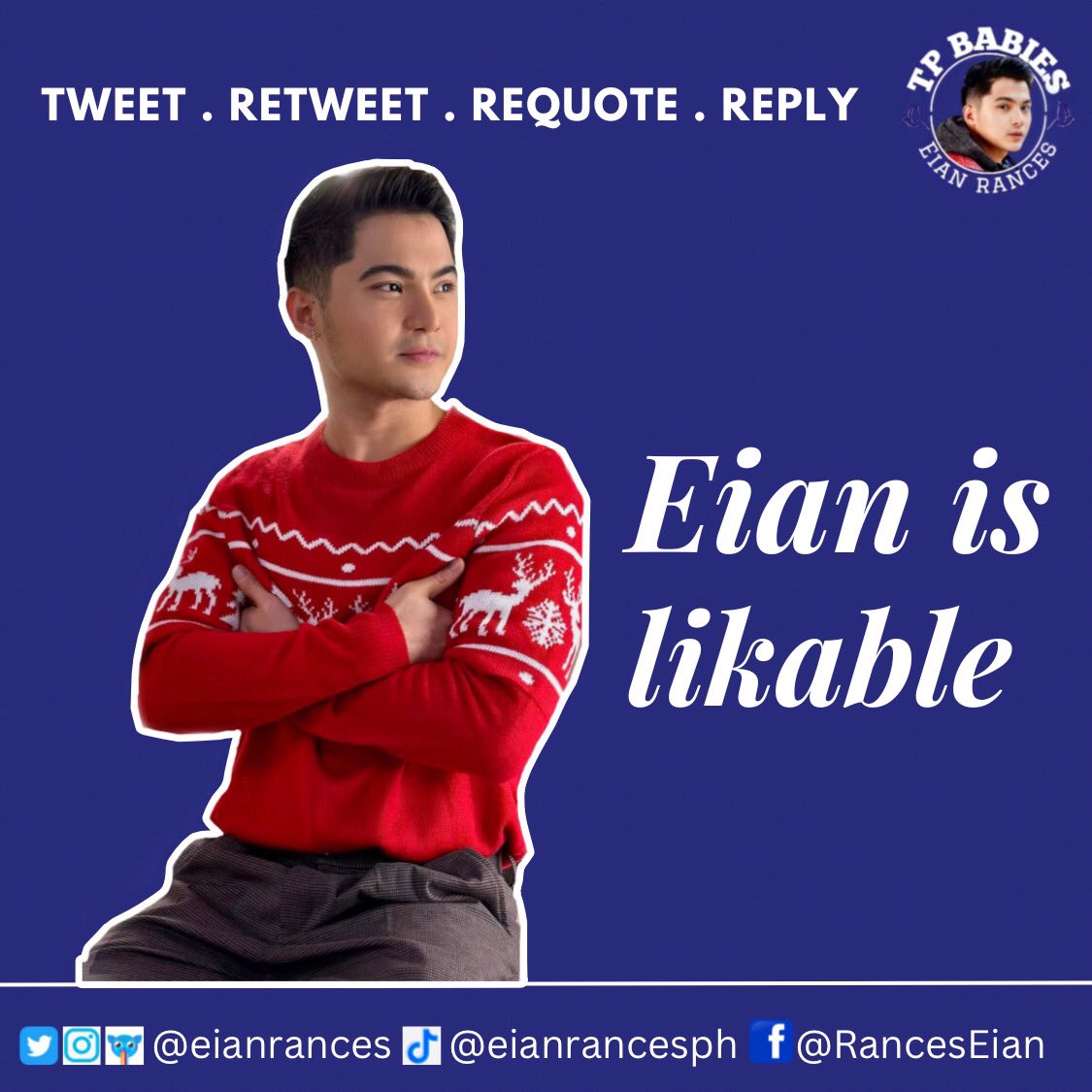 TP Babies Ni Eian🐦 (@tpbabiesnieian) on Twitter photo Tag booster!
Reply with the tag, “Eian is likable” Fifty times or more.
#EianAngSayaNgPasko
#EianRances | <a href="/EianRances/">𝗘𝗶𝗮𝗻 𝗥𝗮𝗻𝗰𝗲𝘀</a> Tag booster!
Reply with the tag, “Eian is likable” Fifty times or more.
#EianAngSayaNgPasko
#EianRances | <a href="/EianRances/">𝗘𝗶𝗮𝗻 𝗥𝗮𝗻𝗰𝗲𝘀</a>