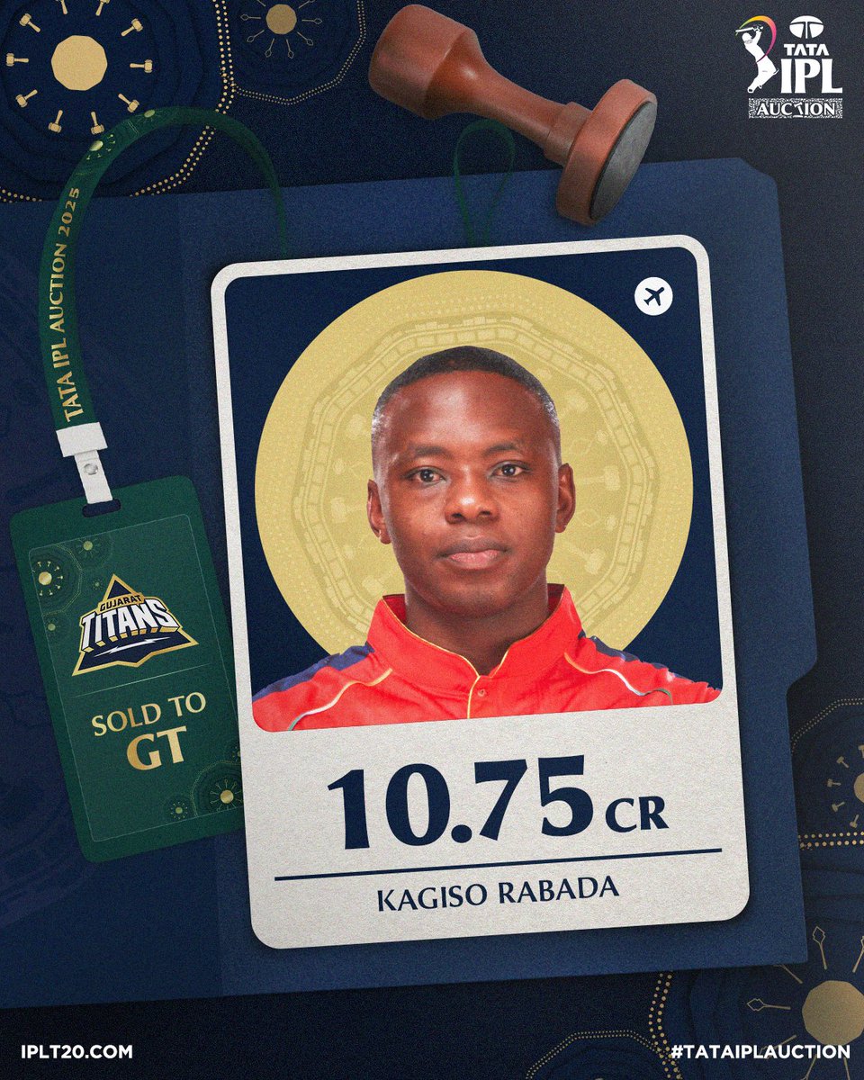 𝗔𝗱𝗱𝗶𝗻𝗴 𝘀𝗼𝗺𝗲 𝗽𝗮𝗰𝗲 𝘁𝗼 𝗶𝘁𝘀 𝗮𝗿𝘀𝗲𝗻𝗮𝗹 𝗶𝘀 #GT! ⚡️⚡️

Kagiso Rabada goes the #GT way ✈️

SOLD for INR 10.75 Crore 👍 👍

#TATAIPLAuction | #TATAIPL | <a href="/KagisoRabada25/">Kagiso Rabada</a> | <a href="/gujarat_titans/">Gujarat Titans</a>