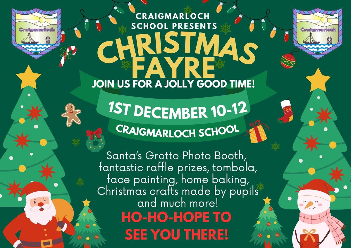 CraigmarlochPC's tweet photo. This time next week Craigmarloch's doors will be open for the Xmas Fayre 🎄🎅

With Santa's grotto, tombola, raffles, bric-a-brac, xmas jumpers, craft stalls, home baking and much more on offer....

Everyone is welcome 💜 Spread the word. https://t.co/7fNqDwKa1W