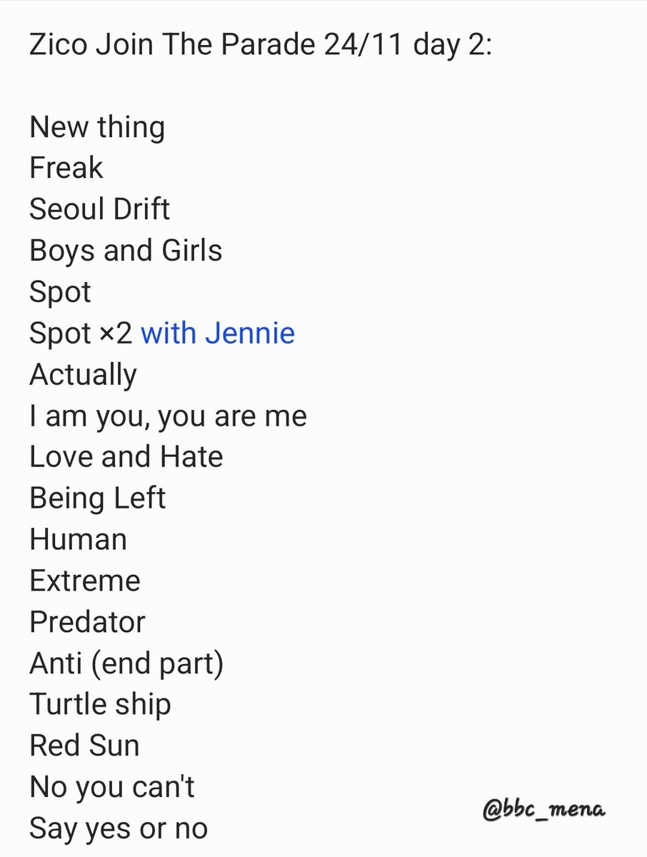 BBC_Mena's tweet photo. Zico Join the Parade Concert, 24/11 Day 2 Setlist:

#Zico #지코 https://t.co/oMol4Kz4et