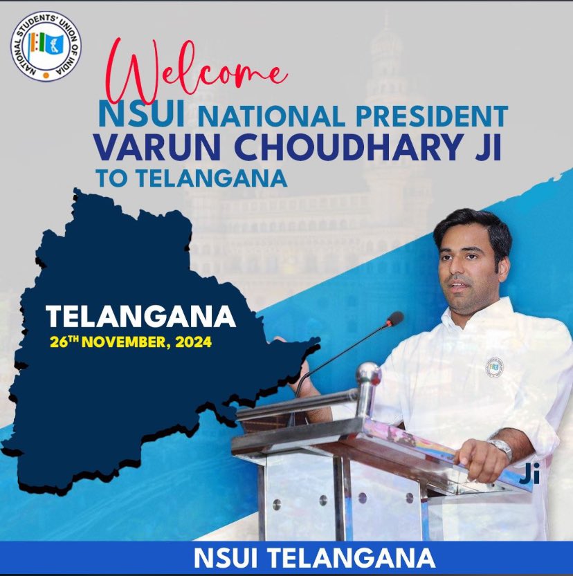 Manish765_INC's tweet photo. “On this Tuesday, 26th November 2024, we extend a warm welcome to NSUI National President
Shri @varunchoudhary Ji
as he visits #Telangana .
Looking forward to an inspiring interaction with @TSNSUI State,Assembly,Mandal leader’s.
@nsui_swamy
#WelcomeVarunChoudhary #TGNSUI https://t.co/wCPReuYYkg