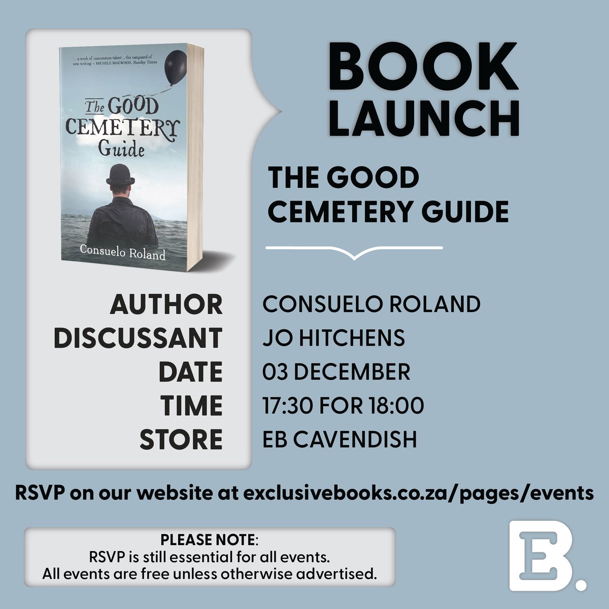 Exclusive Books (@exclusivebooks) on Twitter photo 📍🗓️ Join us at EB <a href="/CavendishCT/">Cavendish Square</a> for a book launch for the new edition of a cherished novel, The Good Cemetery Guide by Consuelo Roland.
<a href="/KaravanPress/">Karavan Press</a>
<a href="/consueloroland/">Consuelo Roland</a>
📩 RSVP here: exclusivebooks.co.za/pages/events?e… 📍🗓️ Join us at EB <a href="/CavendishCT/">Cavendish Square</a> for a book launch for the new edition of a cherished novel, The Good Cemetery Guide by Consuelo Roland.
<a href="/KaravanPress/">Karavan Press</a>
<a href="/consueloroland/">Consuelo Roland</a>
📩 RSVP here: exclusivebooks.co.za/pages/events?e…