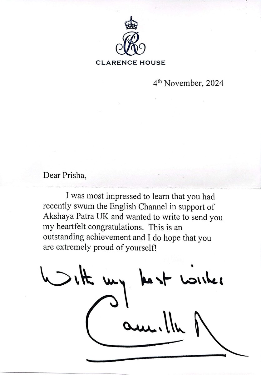 A ROYAL RECOGNITION 👑 We are thrilled to share that Prisha, who swam the English Channel in support of Akshaya Patra UK, has received a personal letter of congratulations from Queen Camilla herself! Thank you, Prisha, for being a true champion of change. 💙