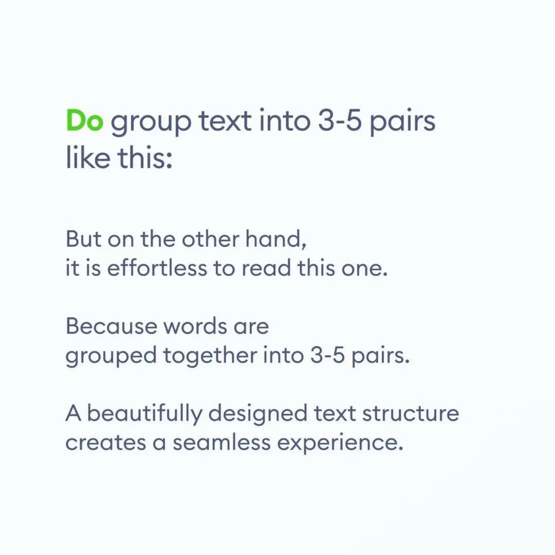 People don't read, they scan.

Sentences get skimmed from left to right.

On your landing pages.

Don't write huge paragraphs.

Divide text into clusters.

Most people can only decode a few lines before needing to stop reading.