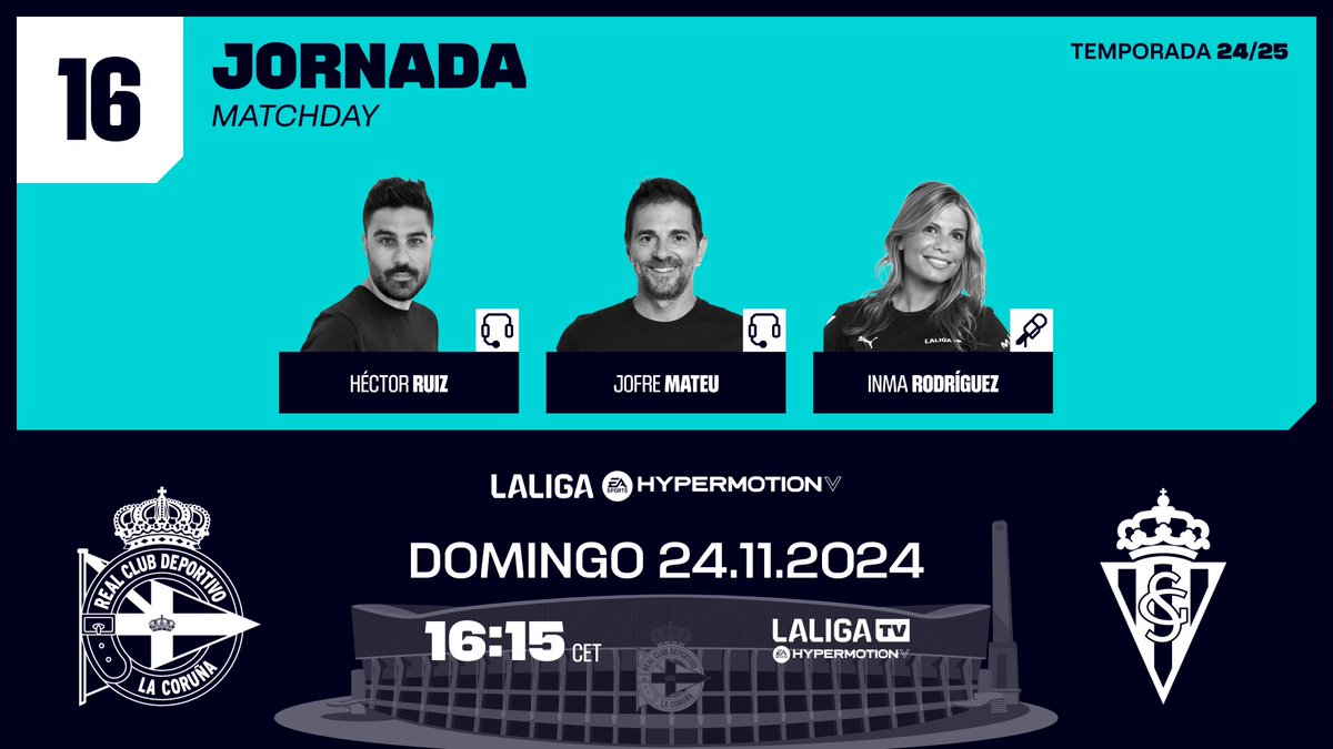 Jofre Mateu Gonzalez (@jofrem11) on Twitter photo #FelizDomingo
Alto riesgo de disfrute
#jornada16
El buen #fútbol c@ntado en #LaLigaHypermotionTV👇🏼
🏟 Riazor
⌚️ 16:15
⚽️ <a href="/RCDeportivo/">RC Deportivo</a> <a href="/RealSporting/">Real Sporting</a>
🎙️<a href="/HectorRuizPardo/">Héctor Antonio Ruiz</a> <a href="/InmaRodriguezR/">Inma Rodríguez</a> y☝🏼
<a href="/LaLiga/">LALIGA</a> #LALIGAHYPERMOTION #InsideLaLiga #DéporRealSporting #FelizDomingo
Alto riesgo de disfrute
#jornada16
El buen #fútbol c@ntado en #LaLigaHypermotionTV👇🏼
🏟 Riazor
⌚️ 16:15
⚽️ <a href="/RCDeportivo/">RC Deportivo</a> <a href="/RealSporting/">Real Sporting</a>
🎙️<a href="/HectorRuizPardo/">Héctor Antonio Ruiz</a> <a href="/InmaRodriguezR/">Inma Rodríguez</a> y☝🏼
<a href="/LaLiga/">LALIGA</a> #LALIGAHYPERMOTION #InsideLaLiga #DéporRealSporting