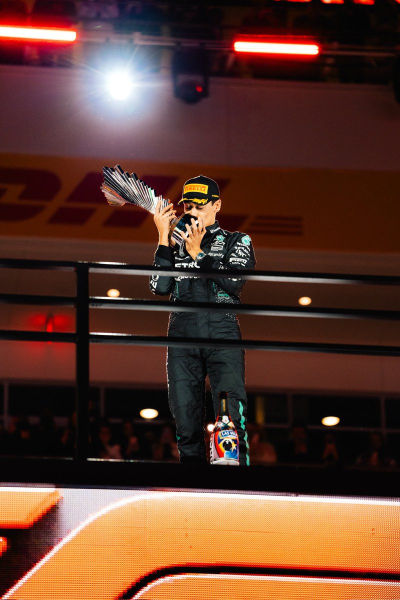 GeorgeRussell63's tweet photo. Winning in Vegas, what a moment!! A massive thank you to the whole team for your hard work all weekend, we deserved that 1-2. LET’S GO!!🍾🇺🇸 https://t.co/z4Rh7YWbgE