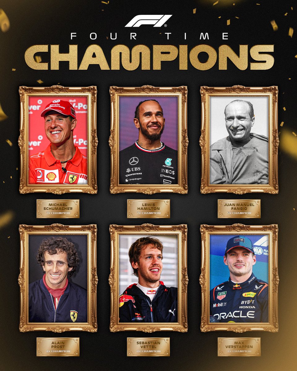 F1's tweet photo. FOUR-MIDABLE 👏

Max Verstappen joins five other F1 legends in becoming a four-time world champion 🏆🏆🏆🏆

#F1 #LasVegasGP https://t.co/j0Z9aMxdsS