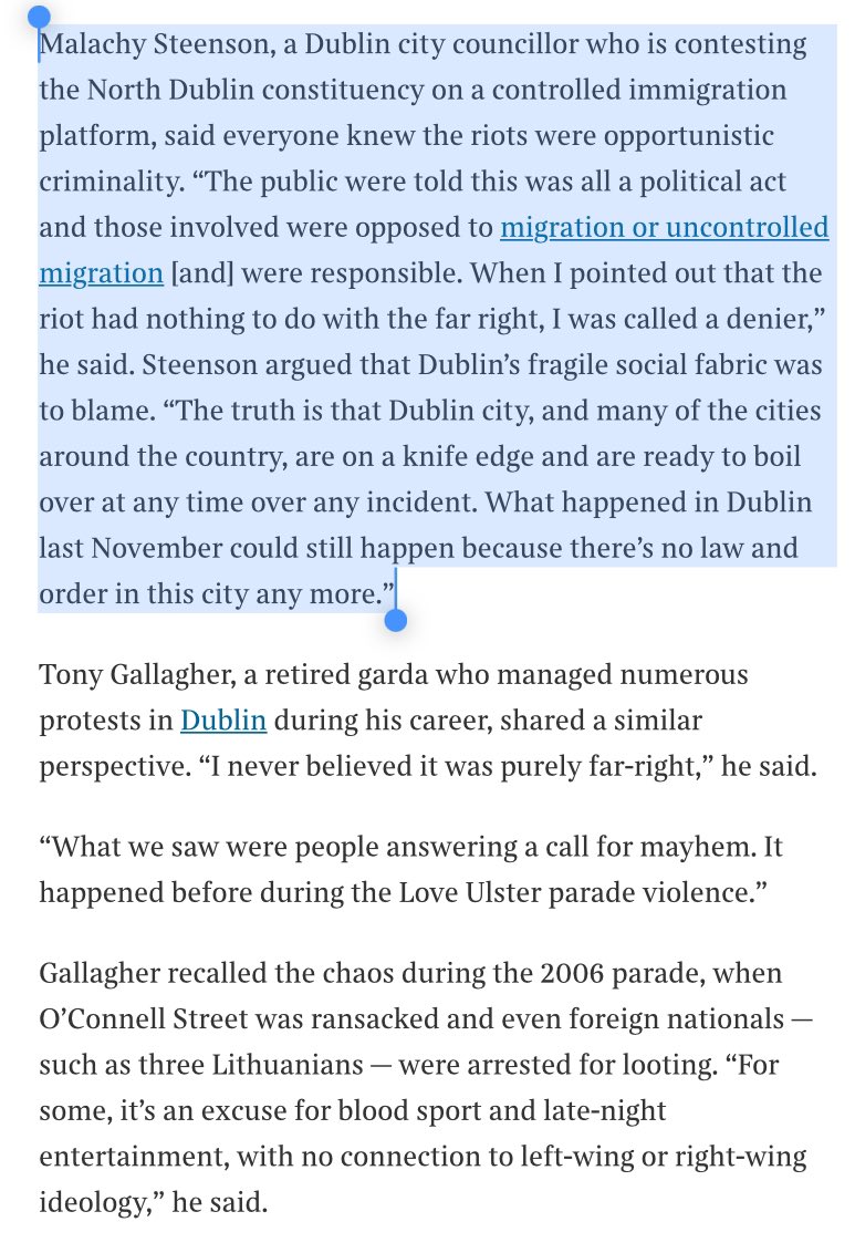 The legacy media is now admitting that the riots that happened in Dublin had nothing to do with ideology. 

Malachy Steenson is mentioned and vindicated in his remarks. 

Tony Gallagher a retired gardai who has managed numerous protest in Dublin says he always knew the riots