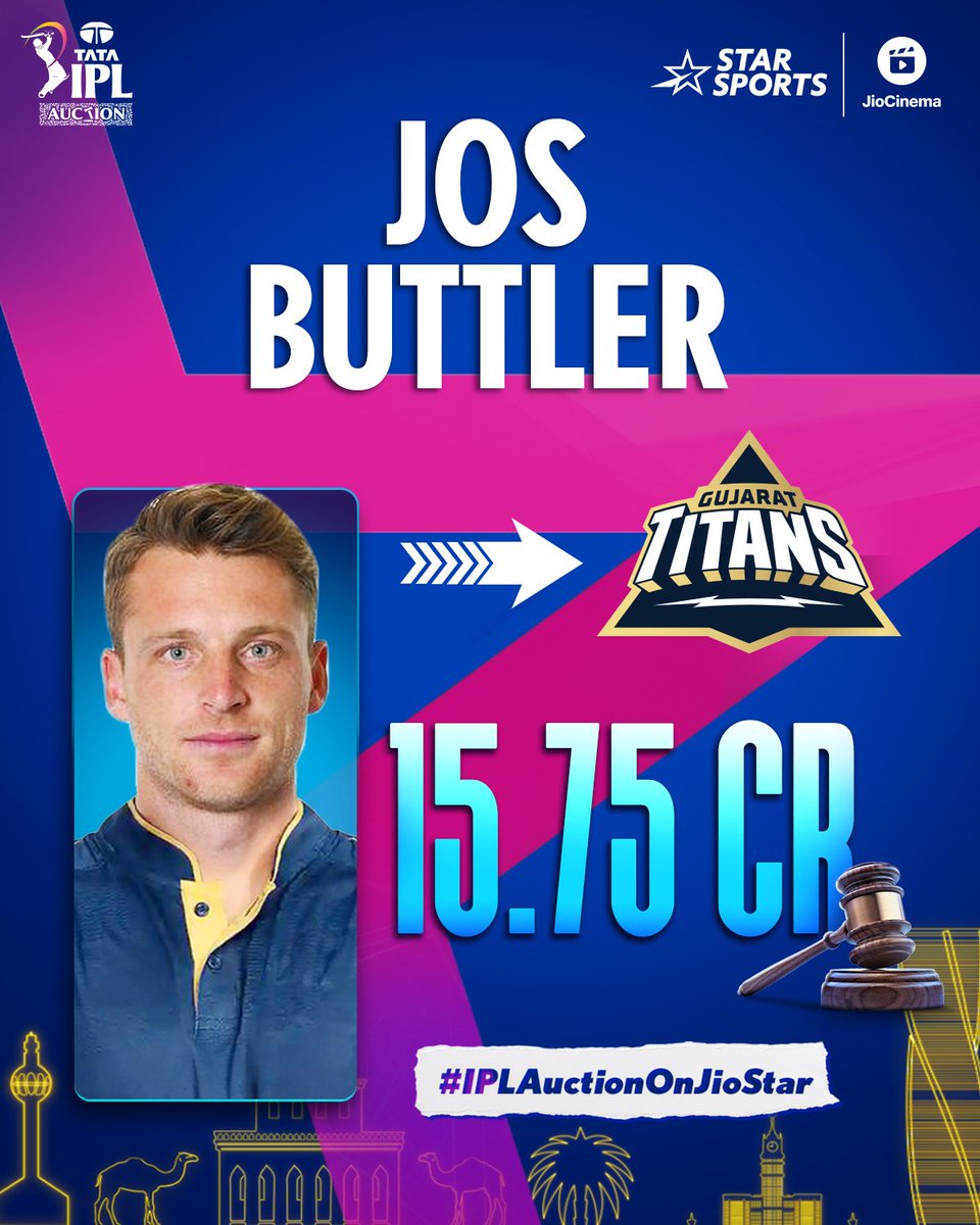 HotstarReality's tweet photo. Jos Buttler goes to Gujarat Titans for 15.75 Cr 🙌

 Watch #IPLAuction LIVE NOW on #JioCinema &amp; #StarSports👇🏻

 https://t.co/nuBiKyfyEh

#TATAIPL #IPLAuctiononJioStar #JioCinemaSports https://t.co/RK8SJB0ezJ