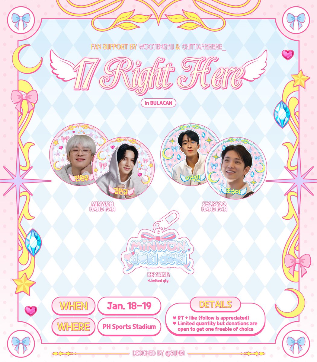 wootengyu's tweet photo. 🎀 月にかわって, おしおきよ 💎🌙₊˚✧ 

we’ll distribute seoksoo &amp; minwon freebies on #SVT_RIGHT_HERE_IN_BULACAN 

✿ rt + like
✿ limited qty 1:1
✿ open for donations (dm me for minwon &amp; @chittaprrrrr_ for seoksoo)

see u! 

#SVT_RIGHT_HERE_WORLDTOUR 
#SVT_RIGHT_HERE_IN_ASIA https://t.co/gaxyqSmeQM