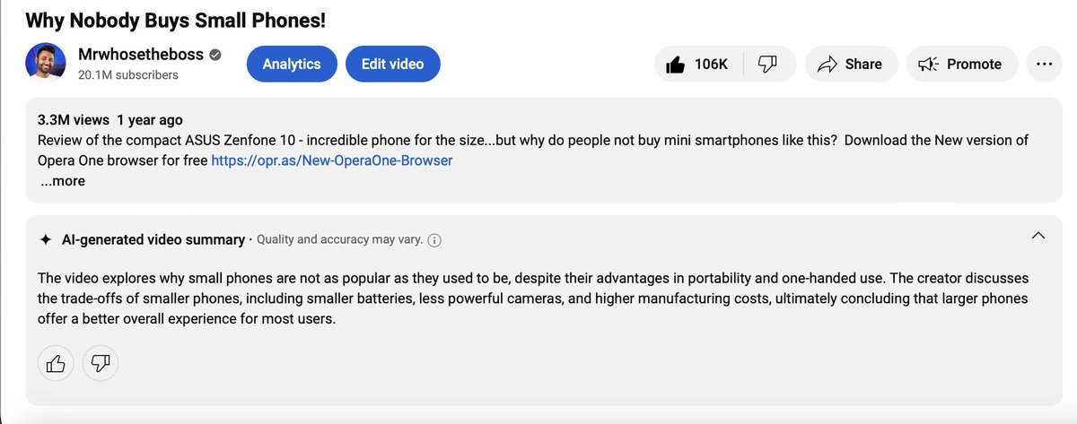 Mrwhosetheboss's tweet image. YouTube is testing a feature that automatically summarises a YouTube video as soon as you click it

I think it&apos;s gonna make it tougher for creators to keep people&apos;s attention, but hopefully good for viewers since you can get 70% of the insight in about 10% of the time