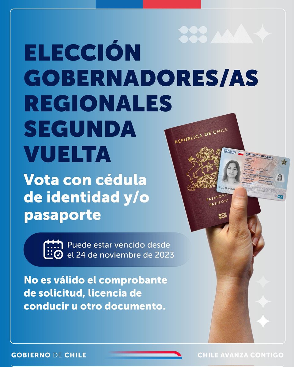 #BuenDomingo Este 24 de noviembre, en 11 regiones del país -entre ellas la RM- se realizará la #SegundaVueltaGores Los documentos válidos para sufragar son cédula de identidad o pasaporte <a href="/RegCivil_Chile/">Registro Civil e Identificación - Chile</a> vigentes o vencidos desde el 24 de noviembre del 2023.