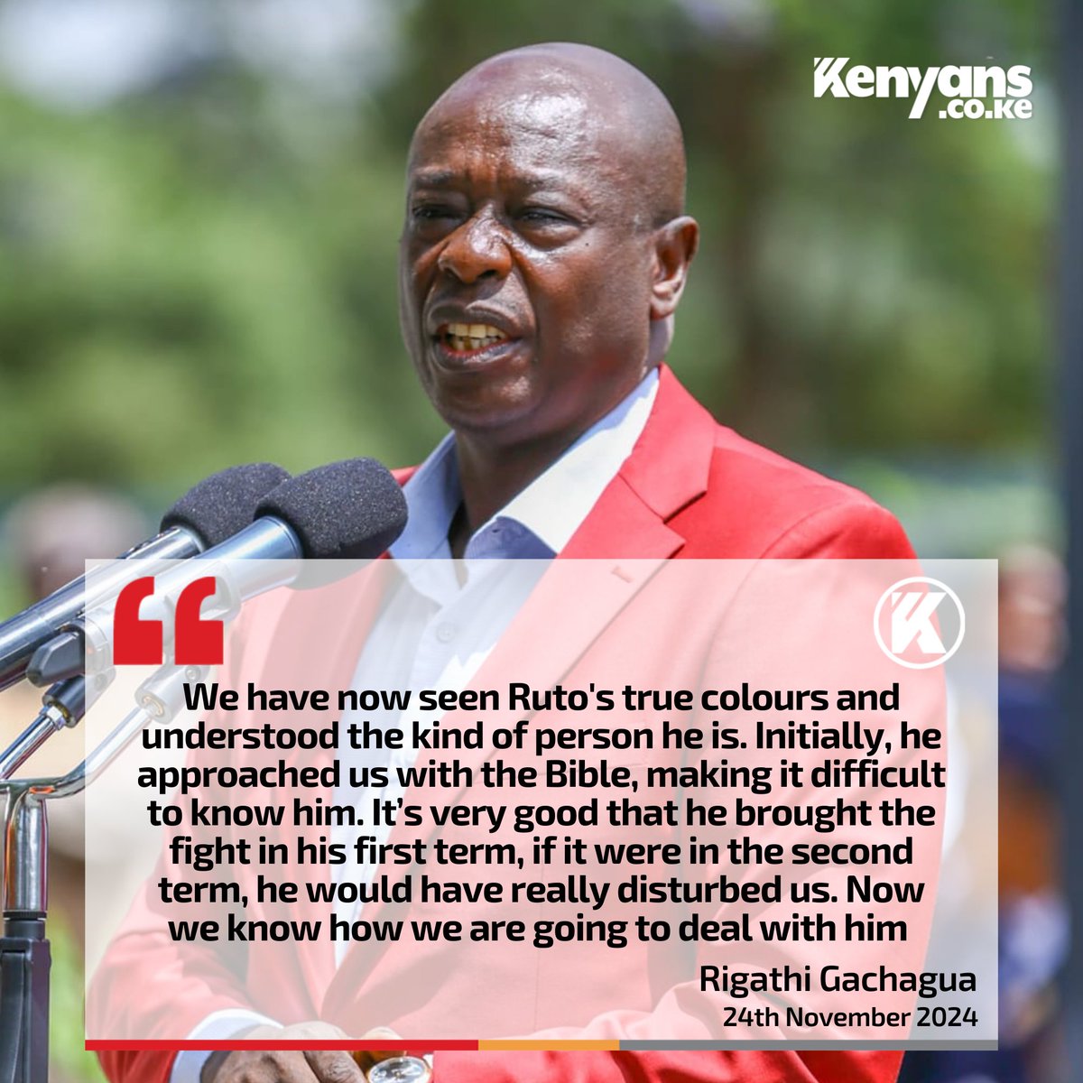 Kenyans's tweet photo. We have now seen Ruto's true colours. Initially, he came to us with the Bible, making it difficult to know him - Rigathi Gachagua https://t.co/rjRZRujAEf