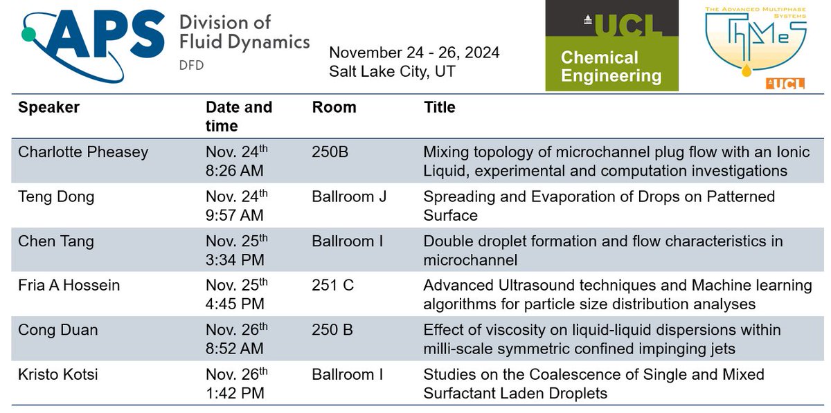 Don't  miss these fascinating talks showcasing insights in fluid dynamics and more! Follow us for more updates on the research presented at  #APSDFD2024

📍 Salt Lake City, USA